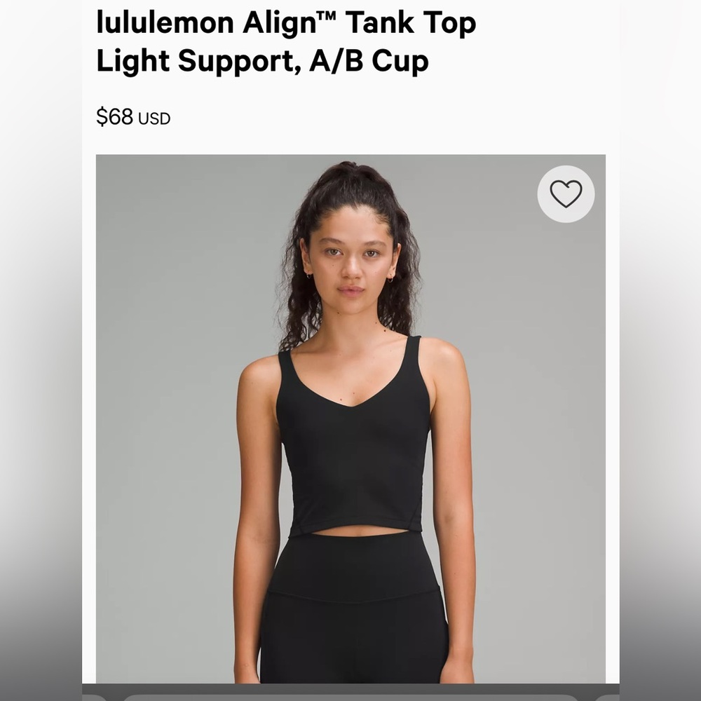 LULULEMON ALIGN TANK TOP LIGHT SUPPORT, A/B CUP, SIZE 4, BLACK, GOOD CONDITION